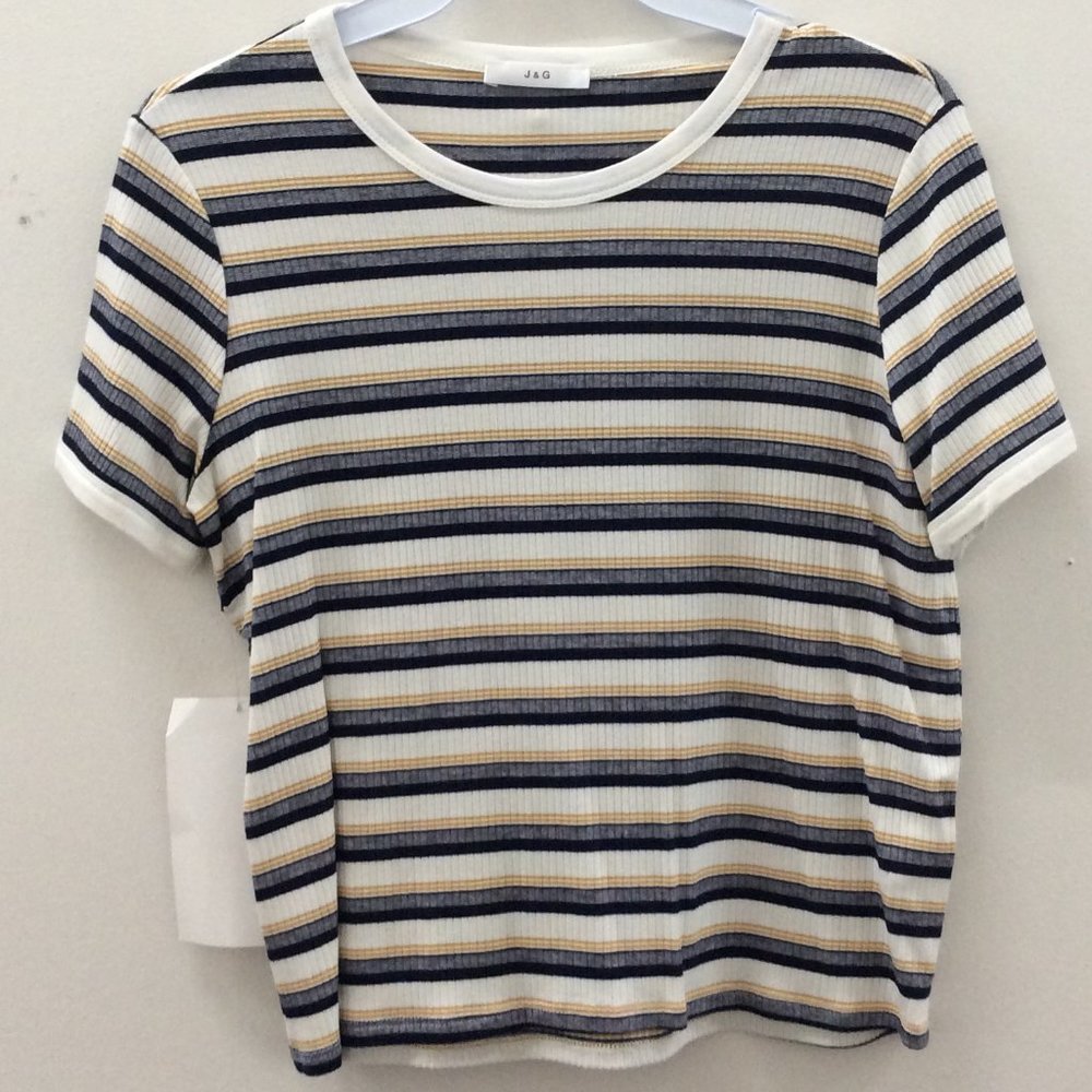 gray, black and yellow striped white top